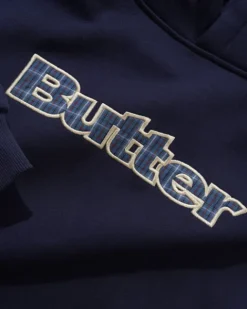 Zip-Thru Hoods|Pullover Hoods>Butter Goods Plaid Logo Applique Pullover Hood, Navy